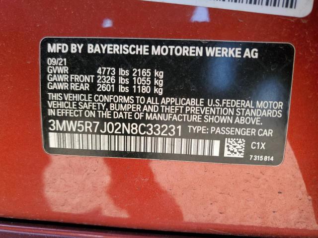 3MW5R7J02N8C33231 - 2022 BMW 330XI Orange Foto 12