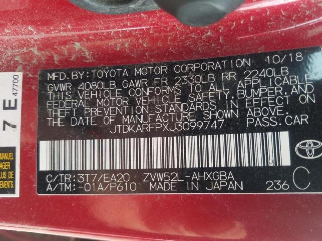 JTDKARFPXJ3099747 - 2018 TOYOTA PRIUS PRIM 红色 照片 13