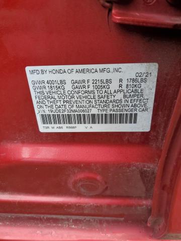 19UDE2F32MA006027 - 2021 ACURA ILX RED photo 12