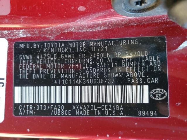 4T1C11AK3NU636732 - 2022 TOYOTA CAMRY LE RED photo 12