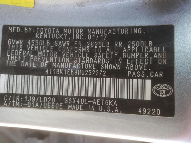 4T1BK1EB8HU252372 - 2017 TOYOTA AVALON XLE SILVER photo 12