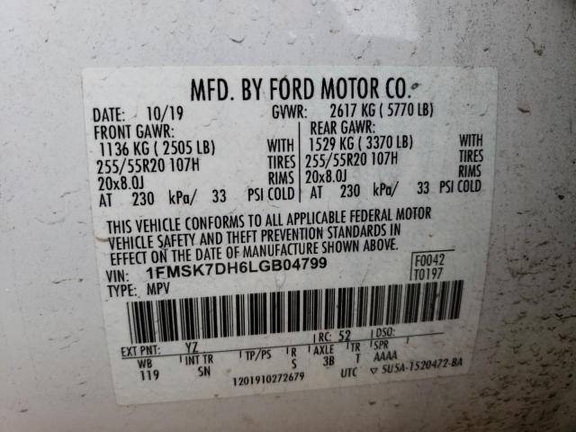 1FMSK7DH6LGB04799 - 2020 FORD EXPLORER XLT WHITE photo 13