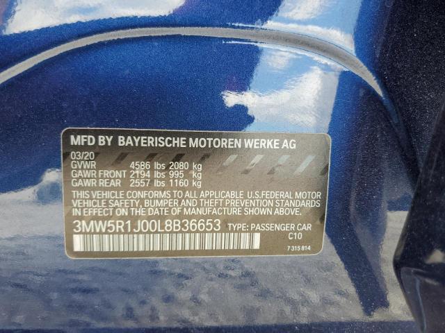 3MW5R1J00L8B36653 - 2020 BMW 330I BLUE photo 12