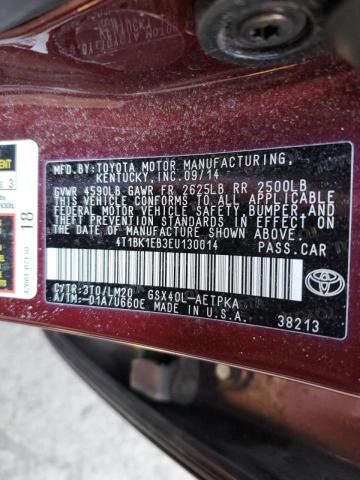 4T1BK1EB3EU130014 - 2014 TOYOTA AVALON BAS 红色 照片 12