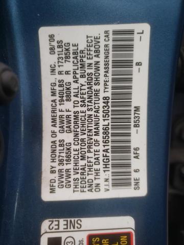 1HGFA16586L150348 - 2006 HONDA CIVIC LX BLUE photo 12