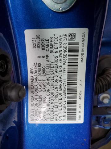 2HGFC2F65MH542125 - 2021 HONDA CIVIC LX BLUE photo 12