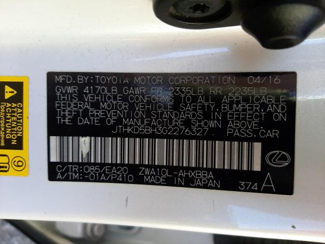 JTHKD5BH3G2276327 - 2016 LEXUS CT 200 WHITE photo 12