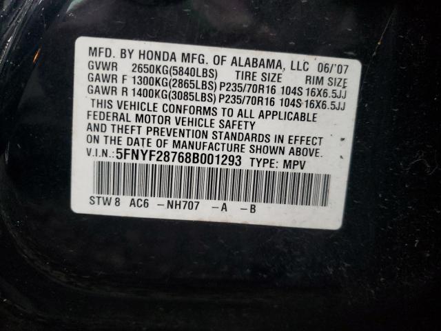 5FNYF28768B001293 - 2008 HONDA PILOT EXL BLACK photo 12