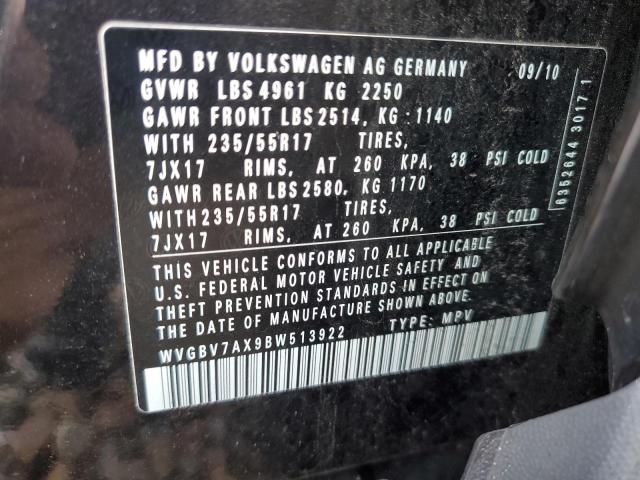 WVGBV7AX9BW513922 - 2011 VOLKSWAGEN TIGUAN S BLACK photo 12