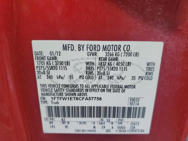 1FTFW1ET8CFA57758 - 2012 FORD F150 SUPERCREW RED photo 12