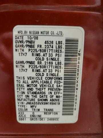 JN8AS58VX9W169419 - 2009 NISSAN ROGUE S RED photo 12