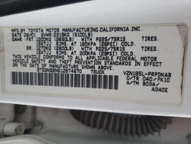 5TEGN92N61Z874870 - 2001 TOYOTA TACOMA DOUBLE CAB PRERUNNER WHITE photo 12