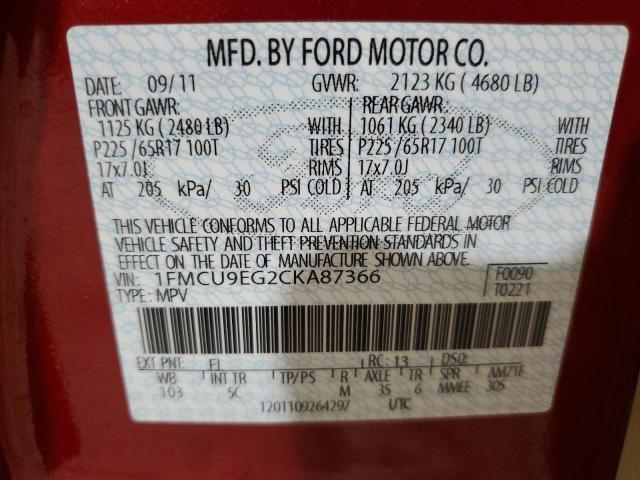 1FMCU9EG2CKA87366 - 2012 FORD ESCAPE LIMITED RED photo 13