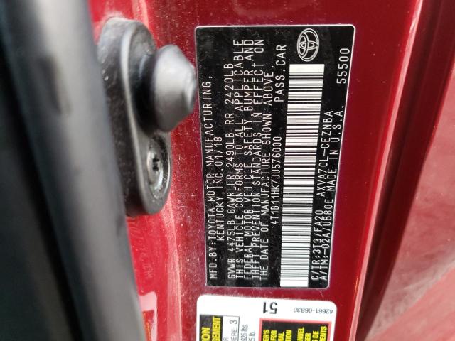 4T1B11HK7JU576000 - 2018 TOYOTA CAMRY L RED photo 12