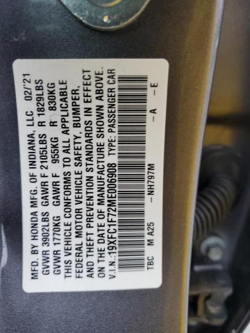 19XFC1F72ME006908 - 2021 HONDA CIVIC EXL GRAY photo 12