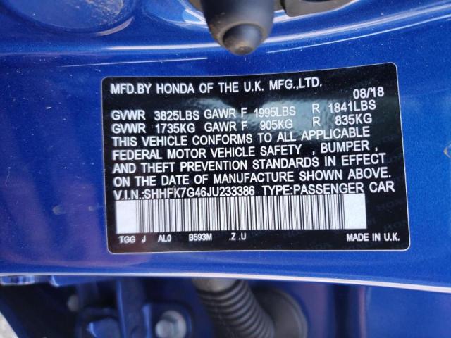 SHHFK7G46JU233386 - 2018 HONDA CIVIC SPORT 蓝色 照片 12