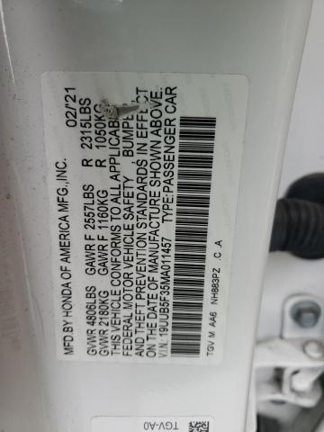 19UUB5F35MA011457 - 2021 ACURA TLX WHITE photo 12