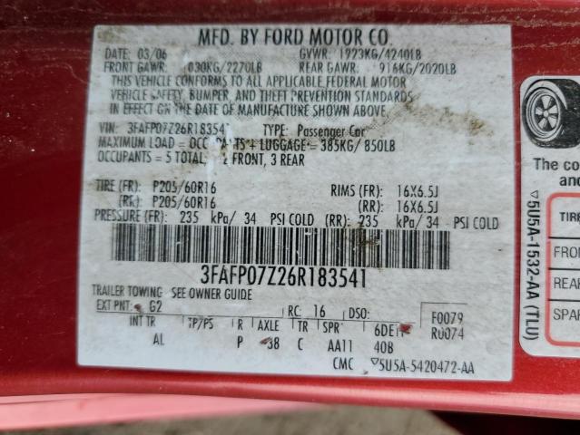 3FAFP07Z26R183541 - 2006 FORD FUSION SE BURGUNDY photo 12