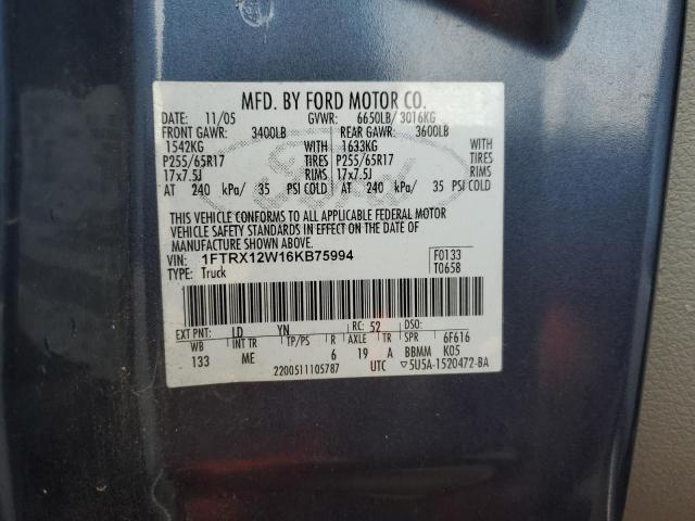 1FTRX12W16KB75994 - 2006 FORD F150 BLUE photo 12