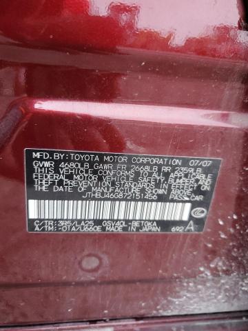 JTHBJ46G872151456 - 2007 LEXUS ES 350 BURGUNDY photo 12