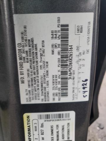 3FA6P0CD8KR265164 - 2019 FORD FUSION SEL GRAY photo 12