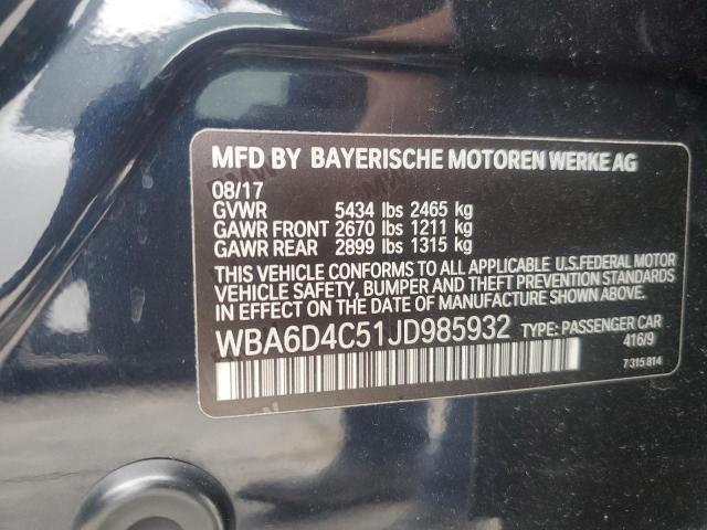 WBA6D4C51JD985932 - 2018 BMW 650 I GRAN COUPE BLUE photo 12