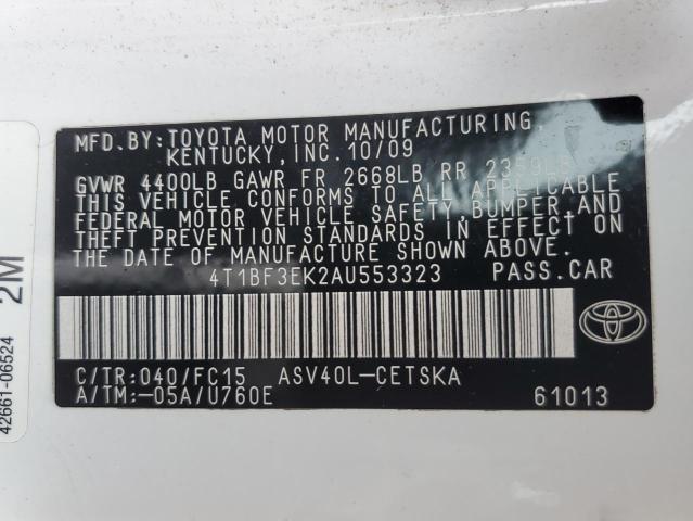 4T1BF3EK2AU553323 - 2010 TOYOTA CAMRY BASE WHITE photo 12