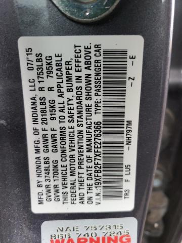 19XFB2F7XFE276366 - 2015 HONDA CIVIC SE CHARCOAL photo 12