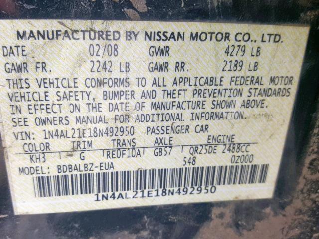 1N4AL21E18N492950 - 2008 NISSAN ALTIMA 2.5  photo 10