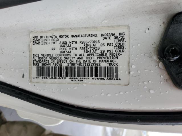5TBBT48171S213362 - 2001 TOYOTA TUNDRA ACCESS CAB LIMITED WHITE photo 12