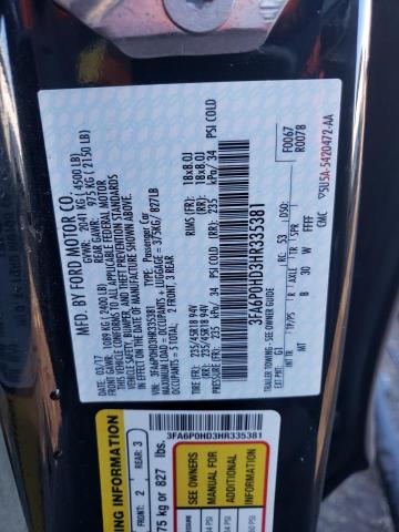 3FA6P0HD3HR335381 - 2017 FORD FUSION SE BLACK photo 12