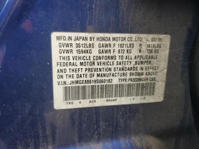 JHMGE88619S060182 - 2009 HONDA FIT SPORT BLUE photo 12