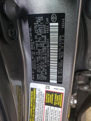 4T1B11HK2KU786201 - 2019 TOYOTA CAMRY XLE L GRAY photo 12