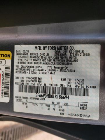 3FA6P0HD0LR186694 - 2020 FORD FUSION SE SILVER photo 13