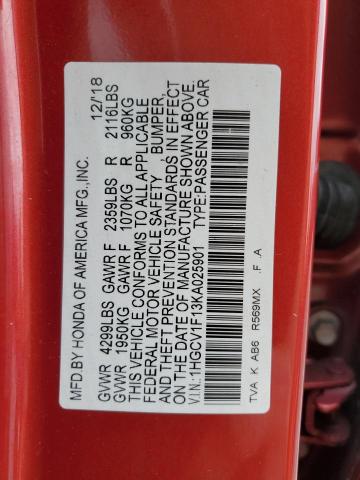 1HGCV1F13KA025901 - 2019 HONDA ACCORD LX RED photo 12