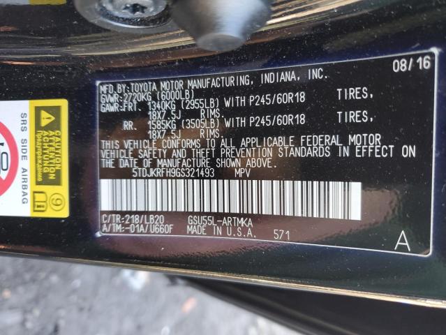 5TDJKRFH9GS321493 - 2016 TOYOTA HIGHLANDER XLE BLACK photo 12