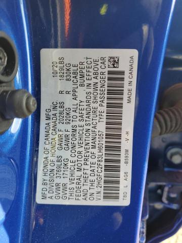 2HGFC2F83LH601057 - 2020 HONDA CIVIC SPORT 蓝色 照片 12