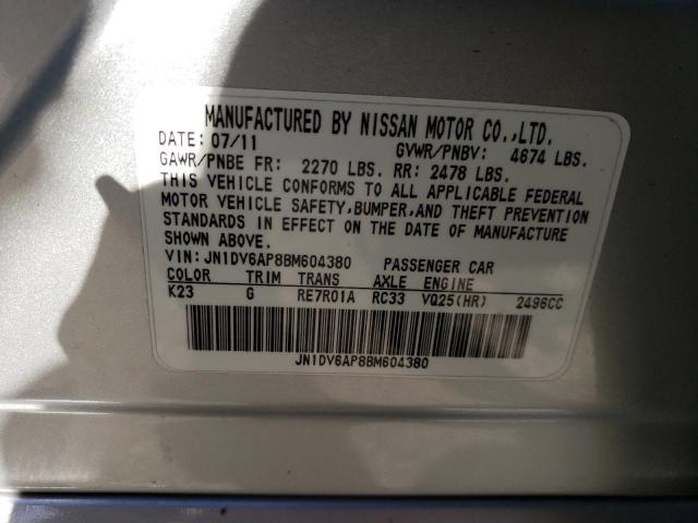 JN1DV6AP8BM604380 - 2011 INFINITI G25 BASE SILVER photo 12