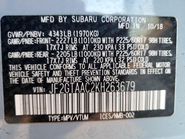 JF2GTAAC2KH263679 - 2019 SUBARU CROSSTREK BLUE photo 12