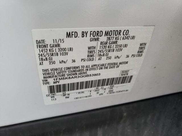 1FM5K8AR3GGB53903 - 2016 FORD EXPLORER POLICE INTERCEPTOR თეთრი ფოტო 13