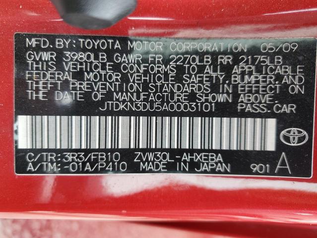 JTDKN3DU5A0003101 - 2010 TOYOTA PRIUS RED photo 13