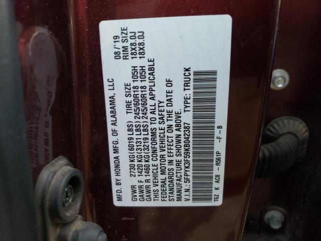 5FPYK3F59KB042387 - 2019 HONDA RIDGELINE RTL BURGUNDY photo 14