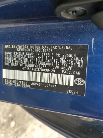 4T1BE46K37U090429 - 2007 TOYOTA CAMRY CE BLUE photo 12