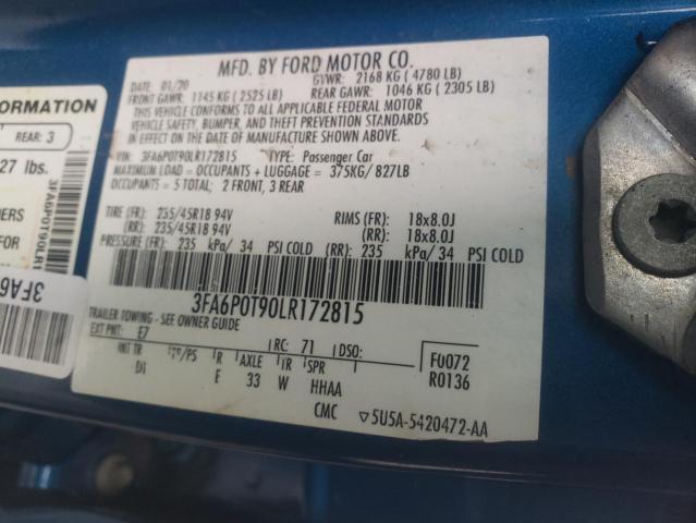 3FA6P0T90LR172815 - 2020 FORD FUSION SE BLUE photo 12