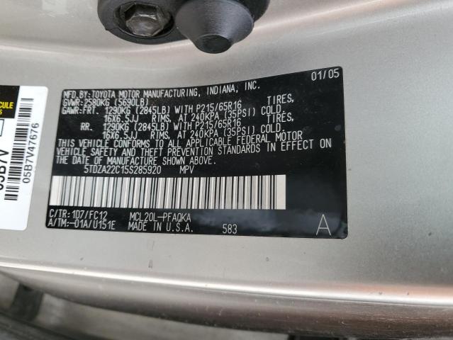 5TDZA22C15S285920 - 2005 TOYOTA SIENNA XLE SILVER photo 13