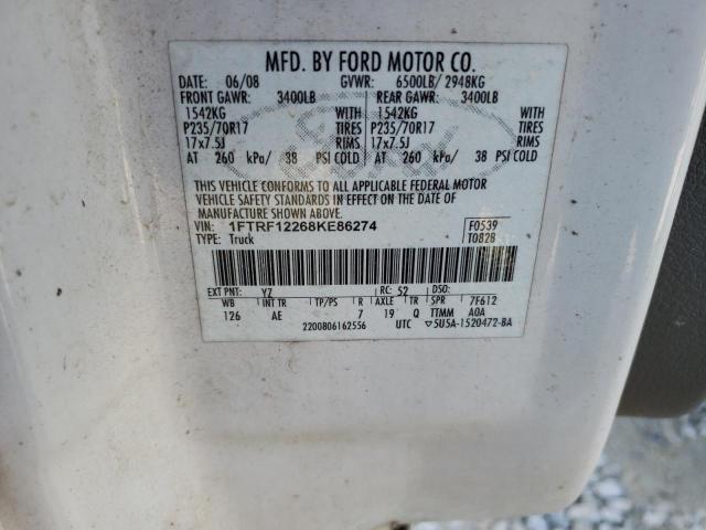 1FTRF12268KE86274 - 2008 FORD F150 WHITE photo 12