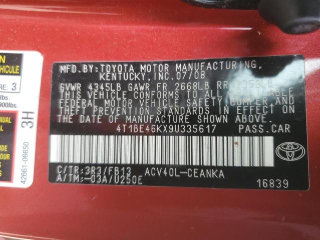 4T1BE46KX9U335617 - 2009 TOYOTA CAMRY BASE RED photo 13