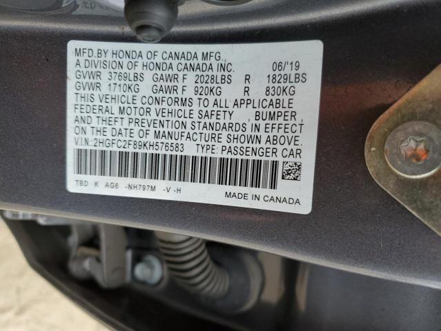 2HGFC2F89KH576583 - 2019 HONDA CIVIC SPORT 灰色 照片 12