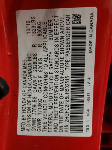 2HGFC2F85LH502515 - 2020 HONDA CIVIC SPORT 红色 照片 10