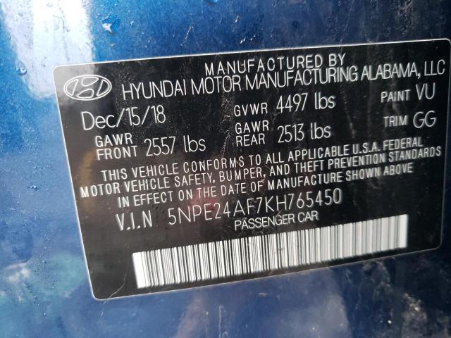 5NPE24AF7KH765450 - 2019 HYUNDAI SONATA SE BLUE photo 12